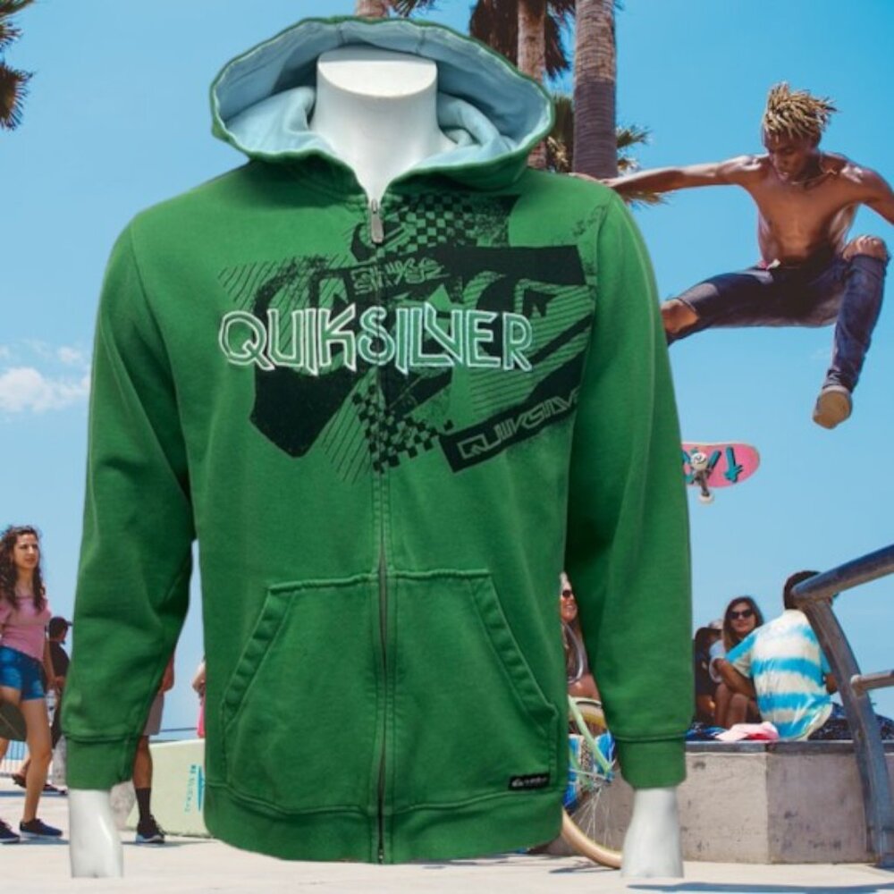 Vintage Y2K Quiksilver Green Zip Women's Surf Skate Skateboarding Hoodie Large